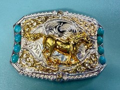 Running Galloping Mustang Stallion Horse W/ Faux Turquoise Stones Belt Buckle