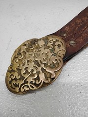 Vtg Mens Ornate Filigree Brass Belt Buckle w 36&Prime; Hand Tooled Brown Leather Belt