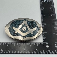 Vintage Masonic Belt Buckle Turquoise Chip Inlay Compass Silver Tone