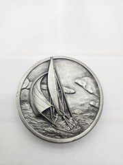 1970s vintage SAILBOAT belt buckle SAILING brass USA made BERGAMOT western