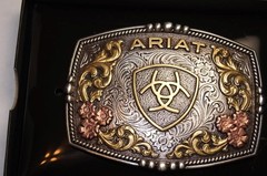 Ariat Western Belt Buckle Rectangle Floral Logo Silver & Gold Tone A37066