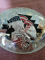 NWOT LARGE SILVER MIRROR STAR RED WHITE BLUE 3D EAGLE BELT BUCKLE 1 1/2&Prime; $65