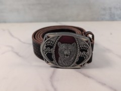 1995 C&J Inc. Pewter Bear Belt Buckle & Tooled Brown Leather Belt 42&Prime;-47&Prime; USA