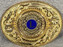 Lion&rsquo;s Club International Belt Buckle Gold Tone 3-1/4&Prime; x 2-1/2&Prime; Oval