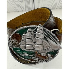 Bergamot 1983 Vintage Brass Works Belt Buckle Sailing Ship w/Belt