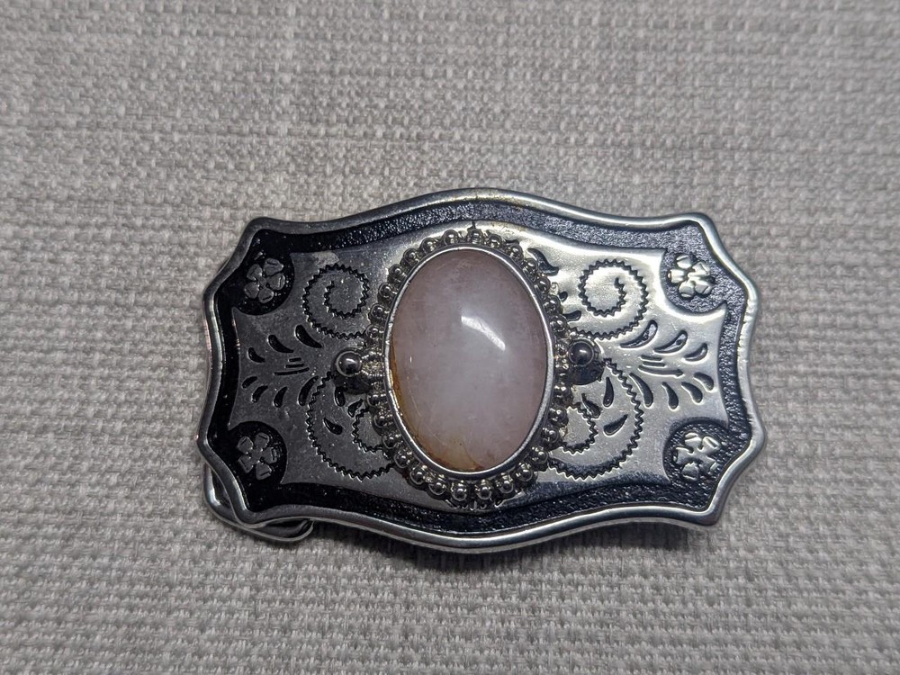 vintage GEMSTONE pink QUARTZ belt buckle WESTERN handcrafted cowboy