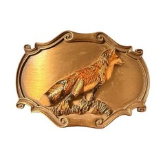 Vtg 1980 Raintree Red Fox Belt Buckle Brass Tone Wildlife 3D Relief Scalloped