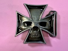 Maltese Iron Cross with Skull Reflective Cutout Gothic Punk Vibe Belt Buckle