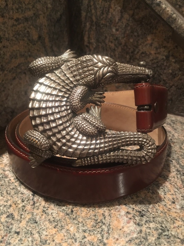 Huge Kieselstein-Cord Sterling Alligator Buckle With Brown Calfskin Belt Size 2
