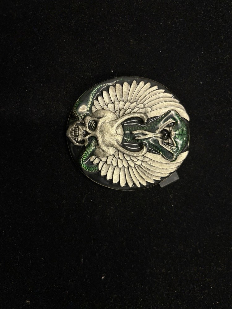 RARE Vintage Y2K Gothic Winged Skull & Snake Belt Buckle Silver Green Enamel