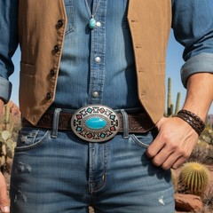 New Men Silver Metal Buckle Native Ethnic Aztec Style Oval Turquoise Blue Color