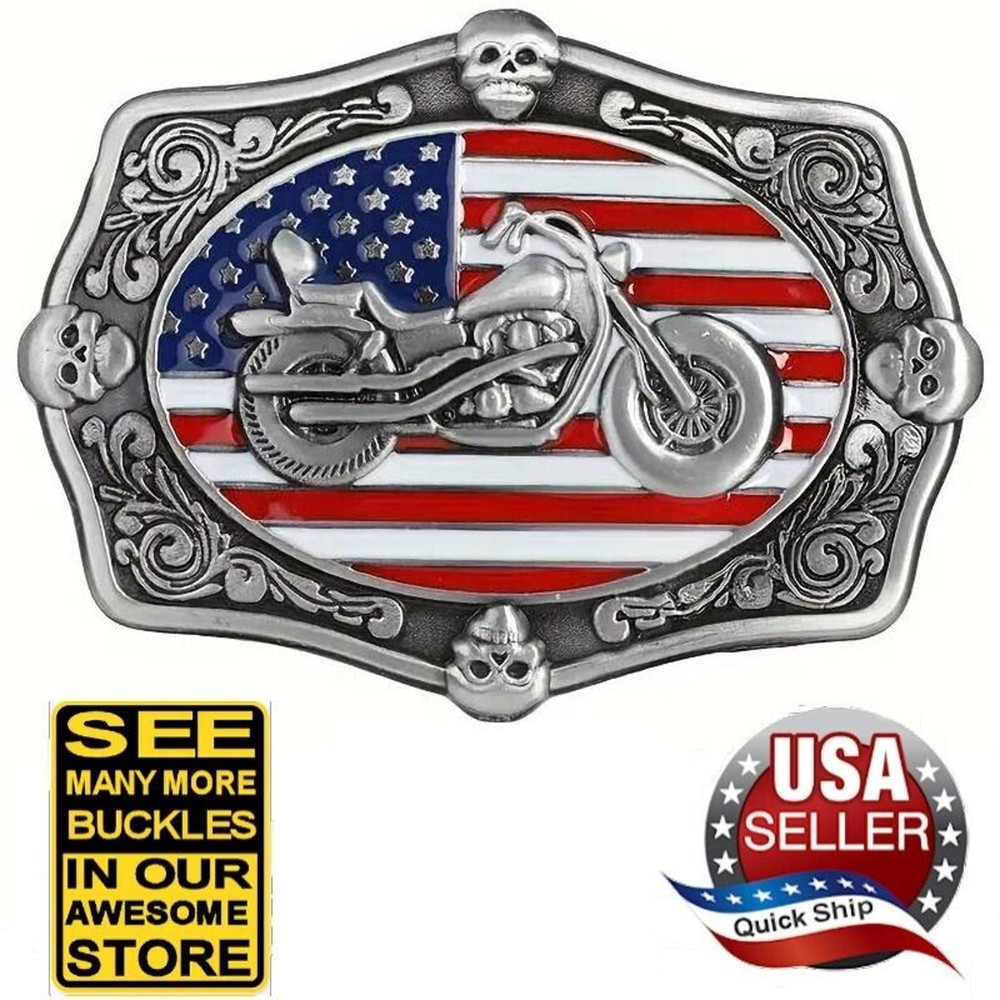 V-Twin Motorcycle & Skulls Belt Buckle •Red White Blue Enameled American Flag