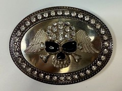 Skull Wings Crossbones with Clear Rhinestone Halloween Gothic LARGE Belt Buckle