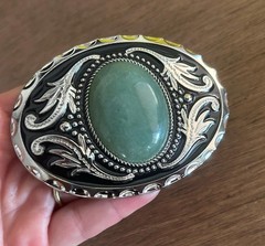 Sage Green Stone Belt Buckle Engraved Silver Western Cowboy Cowgirl Rodeo Style