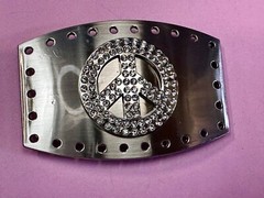Jeweled Peace Sign Studded Rhinestone Silver Tone Belt Buckle W/ Hole Border