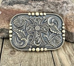 Western Cowboy Belt Buckle with Cross – Antique Bronze Floral Engraved Buckle