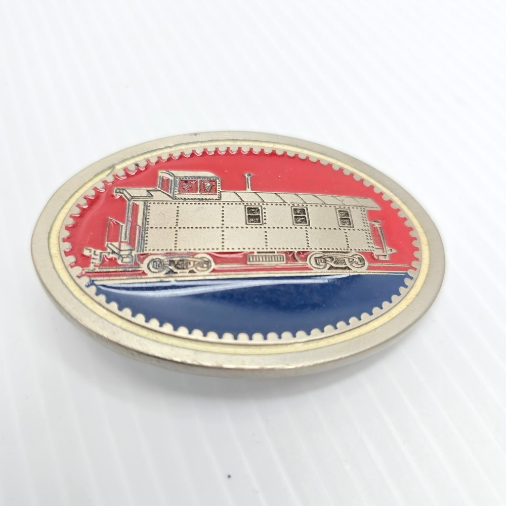 Vintage Belt Buckle Train Railroad Caboose American Red Metal Oval Engraved