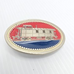 Vintage Belt Buckle Train Railroad Caboose American Red Metal Oval Engraved