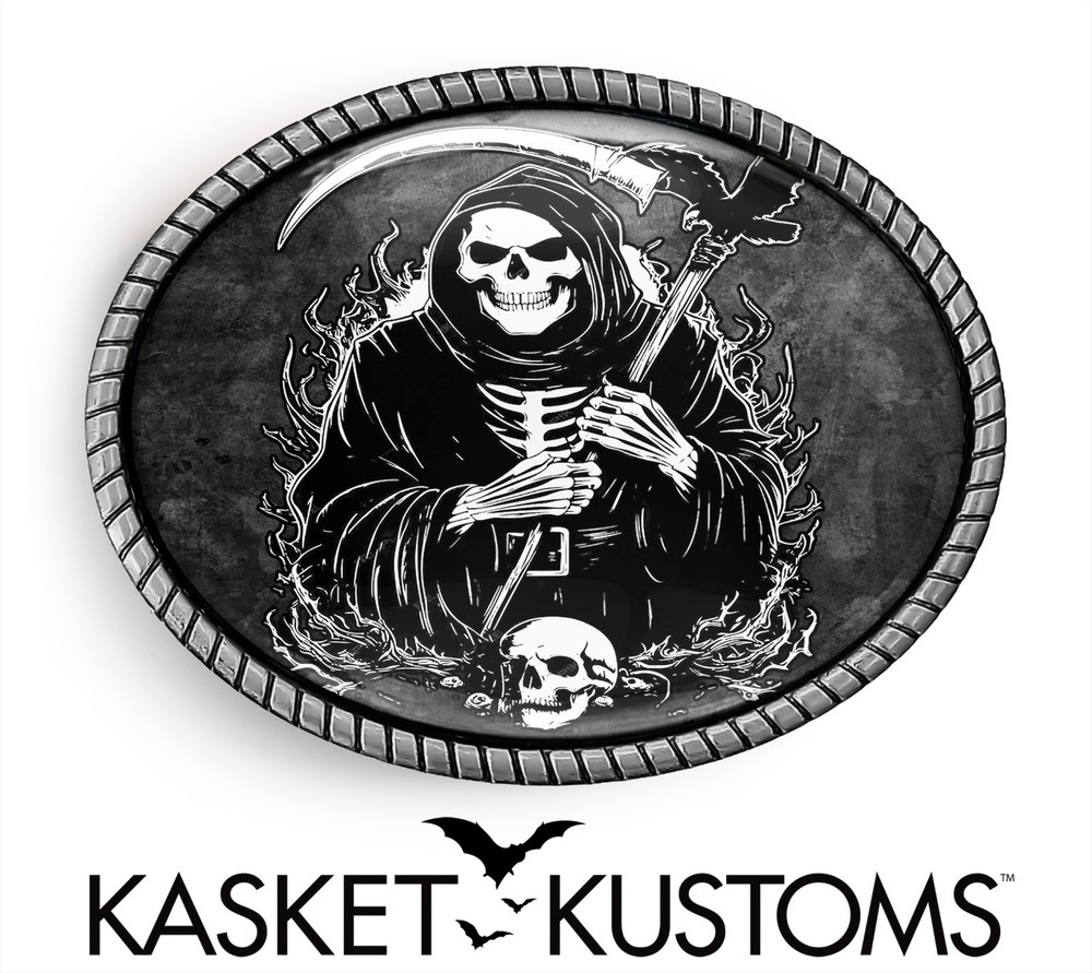 Grim Reaper Belt Buckle – Gothic Horror Halloween Skull, Silver Gold Oval Buckle