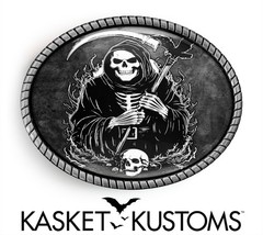 Grim Reaper Belt Buckle – Gothic Horror Halloween Skull, Silver Gold Oval Buckle