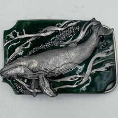 Vintage Humpback Whale Belt Buckle Green Enamel Silver Tone Nautical Marine Life