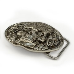 Santa Muerte german silver belt buckle, Skull El Día de Muertos belt buckle