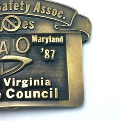 1987 HOLMES SAFETY ASSOCIATION BRASS MINING BELT BUCKLE 3 1/2&Prime; x 2 1/2&Prime; EUC