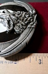 Belt Buckle Wolf Howling At The Moon With Black And White Enamel Detail Feathers