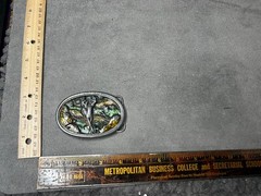 VTG Belt Buckle Bergamot 1983 Deer Buck Hunting Forest Enamel Colors Has Wear