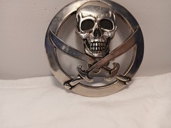 Vintage Silver Star Skull and Swords Belt Buckle Made in USA Jolly Roger Metal