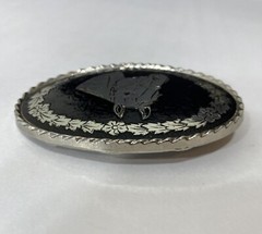Bridled Horse Head Oval Belt Buckle Black Silver Equestrian Made in USA