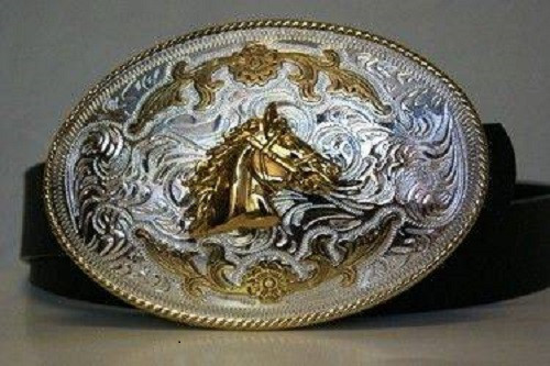 Silver and Gold Bronco Horse Stallion Belt Buckle