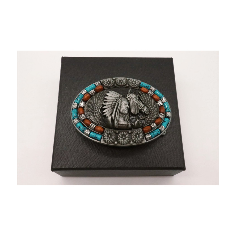 Men Silver Metal Buckle Western Native Indian Warrior Horse Eagle Feather Wing