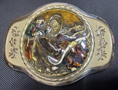 MBCI Belt Buckle Mens Gold Tone Western Cowboy Rodeo Roping Longhorn Enamel