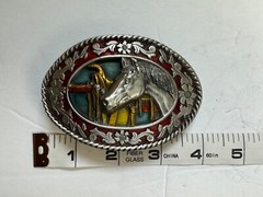 1985 VTG. SISKIYOU Belt Buckle Horse & Saddle Blue Background Excellent COND.