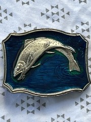 Fisherman Metal Belt Buckle With Blue & Green Enamel Background Sport Fishing