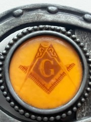 Vintage Masonic Freemason Horseshoe Belt Buckle Gold Enamel Compass G Symbol
