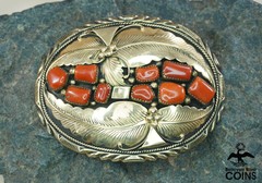 Wilbert Vandever Navajo 14k Yellow Gold & Sterling Silver Red Coral Belt Buckle