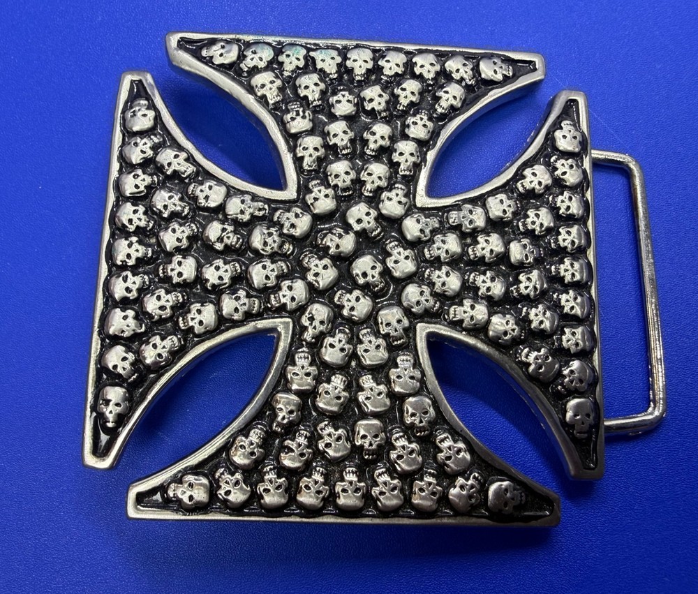 Celtic Iron Cross Shaped with Engraved Tiny Skulls Gothic Cutout Belt Buckle