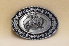 Belt Buckle Bucking Bronco and Rider Over Pewter with Black Enamel and Scroll