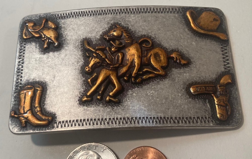 Vintage Metal Belt Buckle, Nocona, Cow Wrestling, Cowboy Boots, Holster, Cowboy