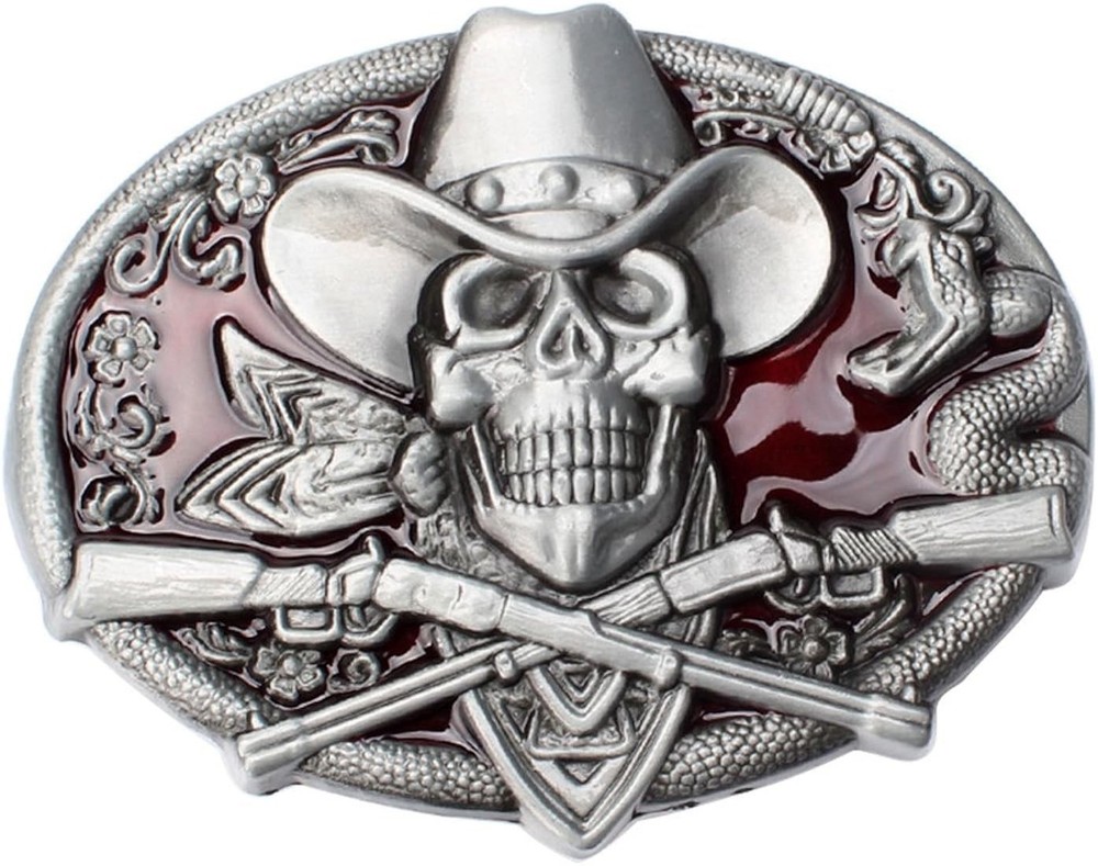 Cowboy Skull Maroon Belt Buckle Western Gothic Biker Style Skull Guns Rodeo Punk