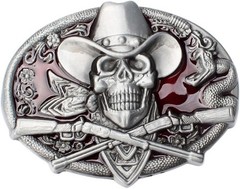 Cowboy Skull Maroon Belt Buckle Western Gothic Biker Style Skull Guns Rodeo Punk