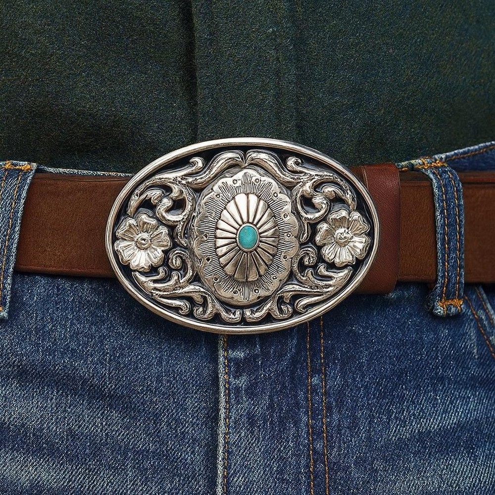 Turquoise Western Belt Buckle Engraved Silver Oval Cabochon Cowboy Rodeo Style