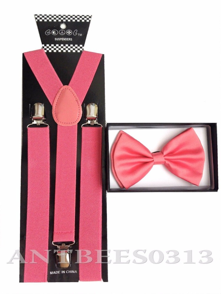 New Coral Pink Peach Salmon SUSPENDERS And BOWTIE Matching Set Tuxedo