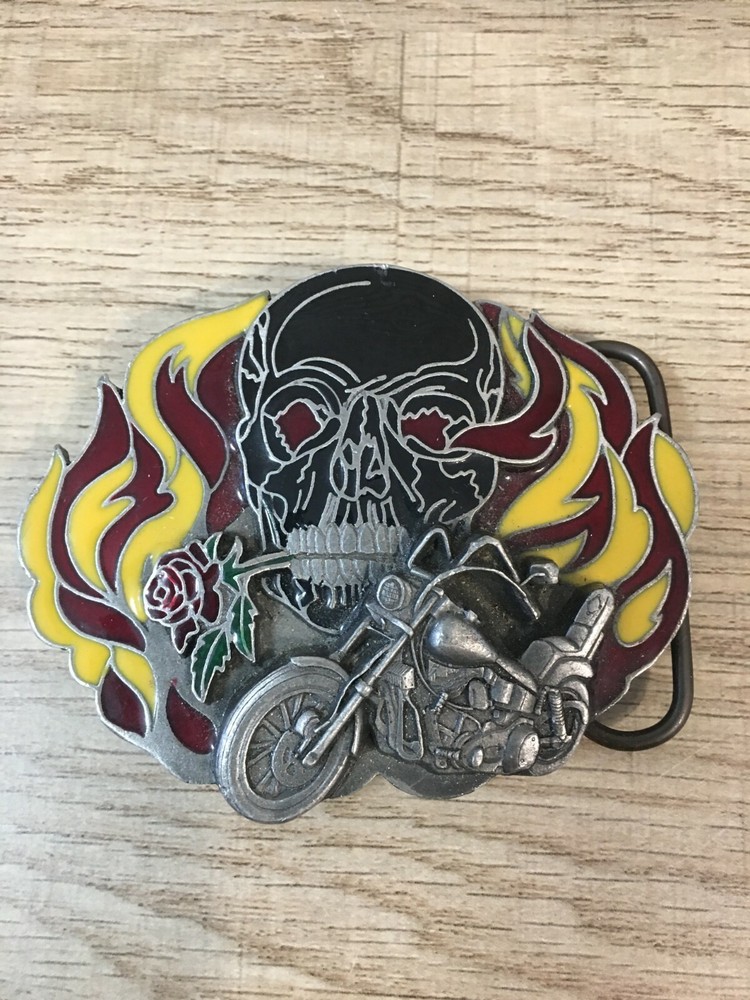 Siskiyou 1991 Vintage Wild & Free Skull Rose Harley Motorcycle Belt Buckle Biker