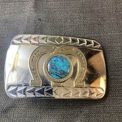 Double Horseshoe Faux Turquoise Chrome Belt Buckle