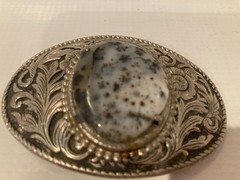 Oval Agate Floral Belt Buckle Silver Tone With Black Enamel 2&Prime; x 3&Prime;