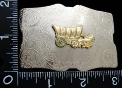 LI06168 VINTAGE **WESTERN WAGON w/ TEAM** FLORAL DECOR SILVERTONE BELT BUCKLE