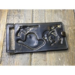 VINTAGE 3 1/2&Prime; WIDE WESTERN COWBOY HORSE HAT SIX SHOOTER METAL BELT BUCKLE